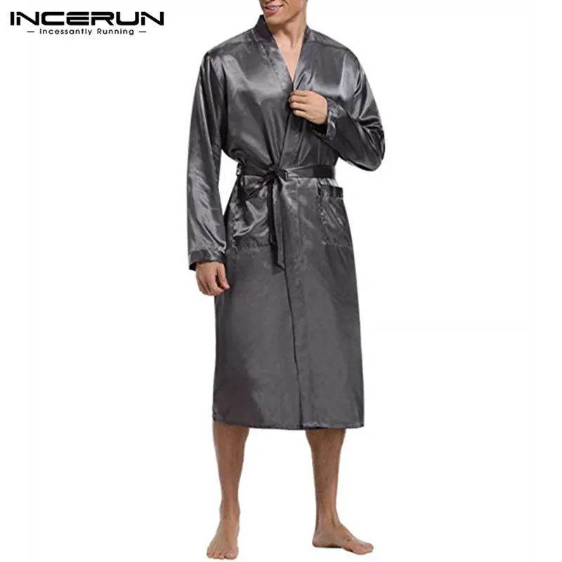 INCERUN Mens Silk Satin Robes Pajamas Long Sleeve Solid Sleepwear Kimono Male Bathrobe Leisure Men Loungewear Dressing Gown 2022 best mens pajamas Men's Sleep & Lounge