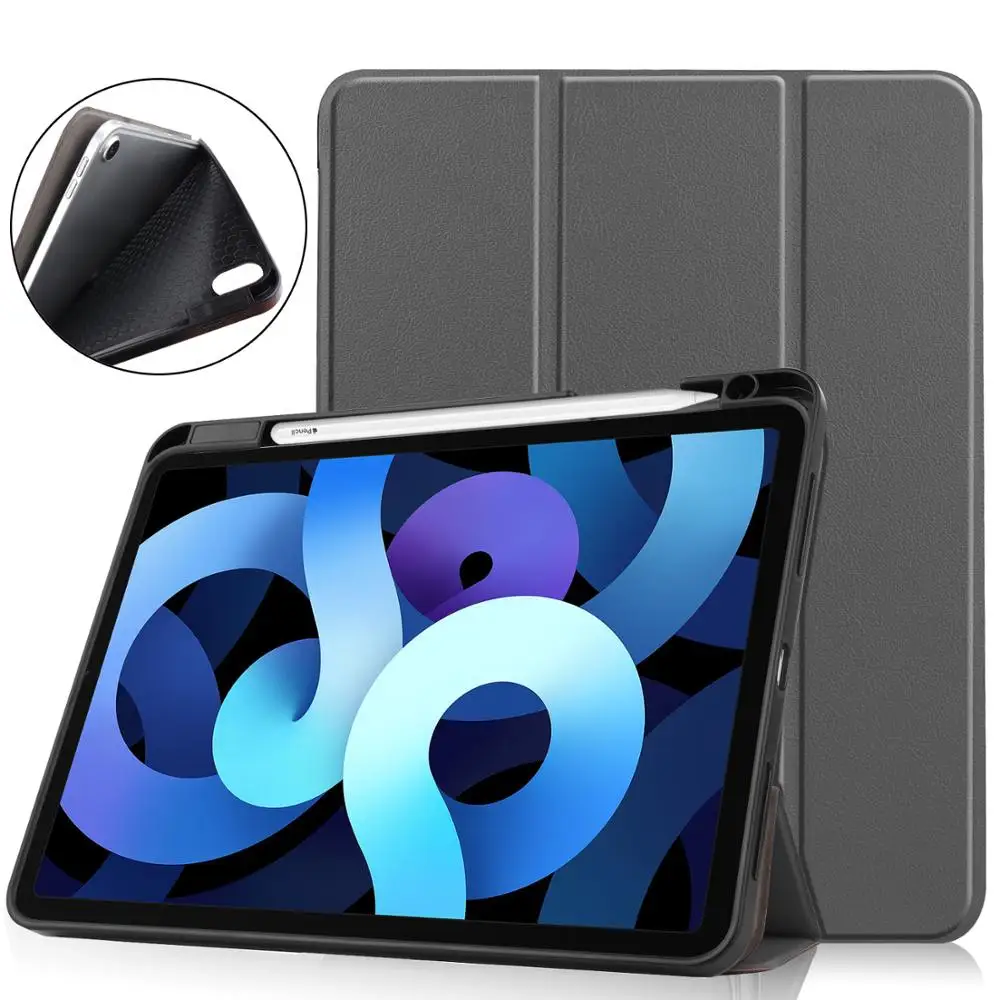 

Solid Protective Case For iPad Air 4 10.9" 2020 Flip Trifold Stand Smart Sleep Wake Shockproof Cover With Tablet Pencil Holder