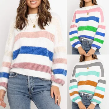 

2019 Autumn Winter Rainbow Sweater Pullovers Fashion Striped Crop Top Sweater Women Jumper Knitted Casual Loose Sweater Women
