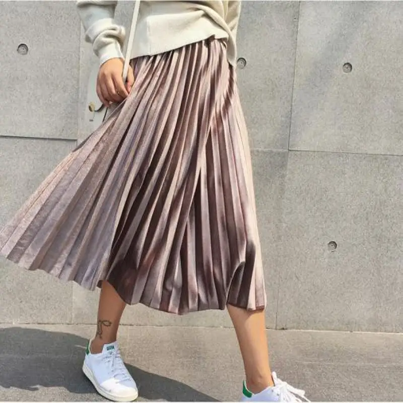 Винтажная Женская плиссированная длинная юбка с металлическими серебристыми вставками больших размеров, высокая талия, Повседневные Вечерние юбки-макси из эластичной ткани, корейская мода