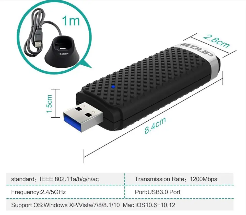 EDUP 802.11AC беспроводной USB wifi 5 ГГц адаптер высокоскоростной 1200 Мбит/с wifi приемник двухдиапазонный 2,4G& 5 ГГц USB 3,0 USB ethernet адаптер