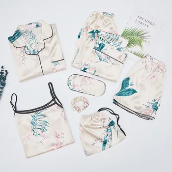 

Sleep Set Spring Summer Women 7PCS Sleepwear Pijamas Suit Green V-neck Long Sleeve Shirt&pant Casual Sexy Nightwear Homewear