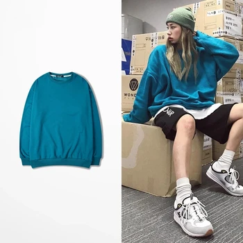 

Tide brand ins net red solid color long-sleeved sweater men and women hip-hop street dance loose cotton round neck pullover jack