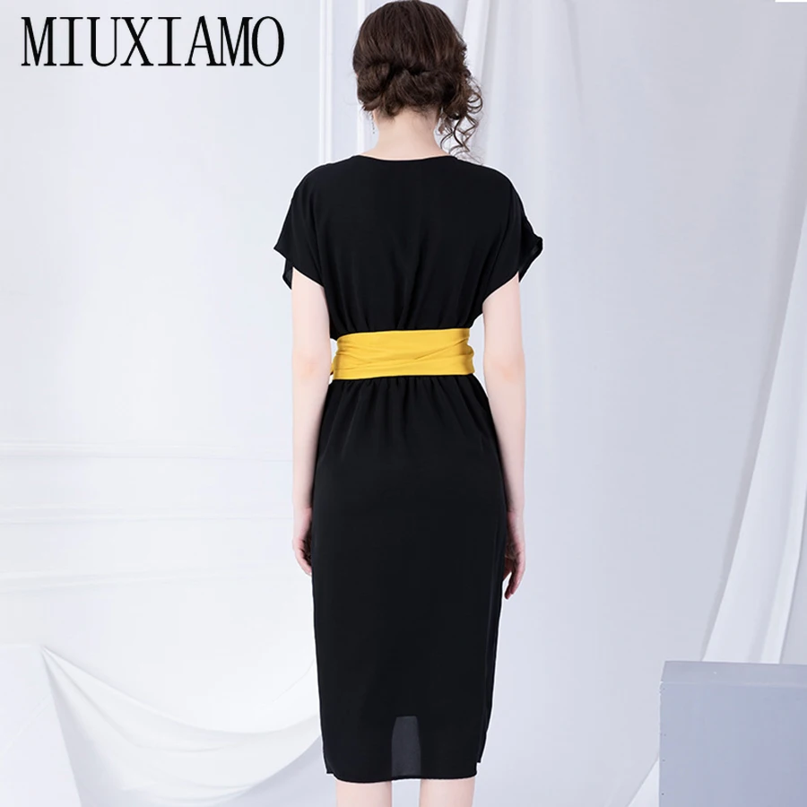 MIUXIMAO/осеннее платье для офисной леди ; новое модное свободное платье до середины икры с эластичной резинкой на спине и поясом; Vestidos