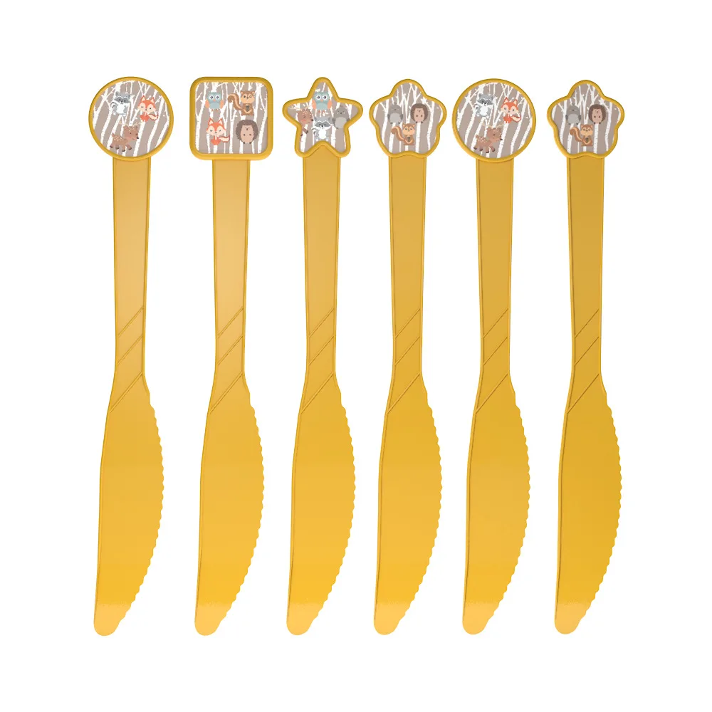 Brown Cartoon Fox Disposable Tableware Birthday Animal Kids Plates Napkins Party Supplies Decor Tablecloth Colorful Layout - Цвет: 6 PCS Knife