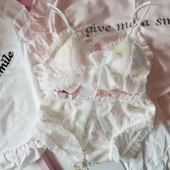 

Dreamy Teenage heart Romantic Mermaid Princess Sequin Bra & Panties Set Nets yarn Ruffle Young Girl Intimates Set Preppy Style