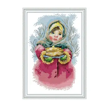 

Girl Holding Food Counted Cross-stitch Sets Handmade Embroidery Needlework Sets DIY DMC Threads 14ct 11ct Printed Fabric Crafts