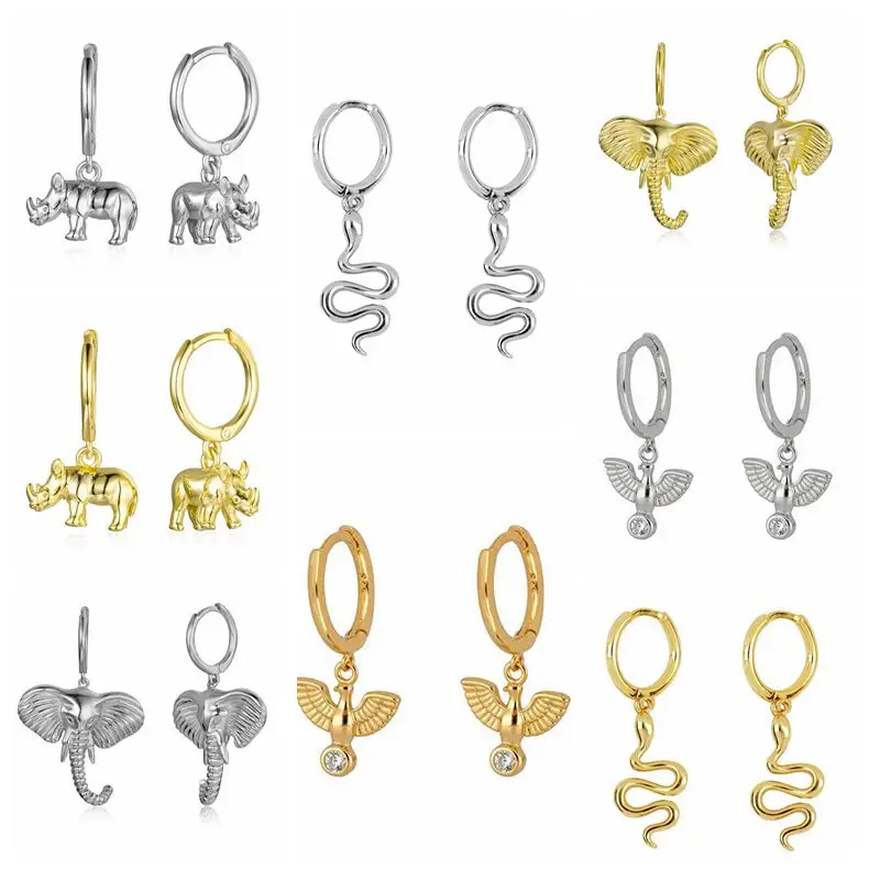 Pendientes de aro de animales para mujer, de Plata de Ley 925, aretes sencillos de rinoceronte, elefante, serpiente, joyería de fiesta