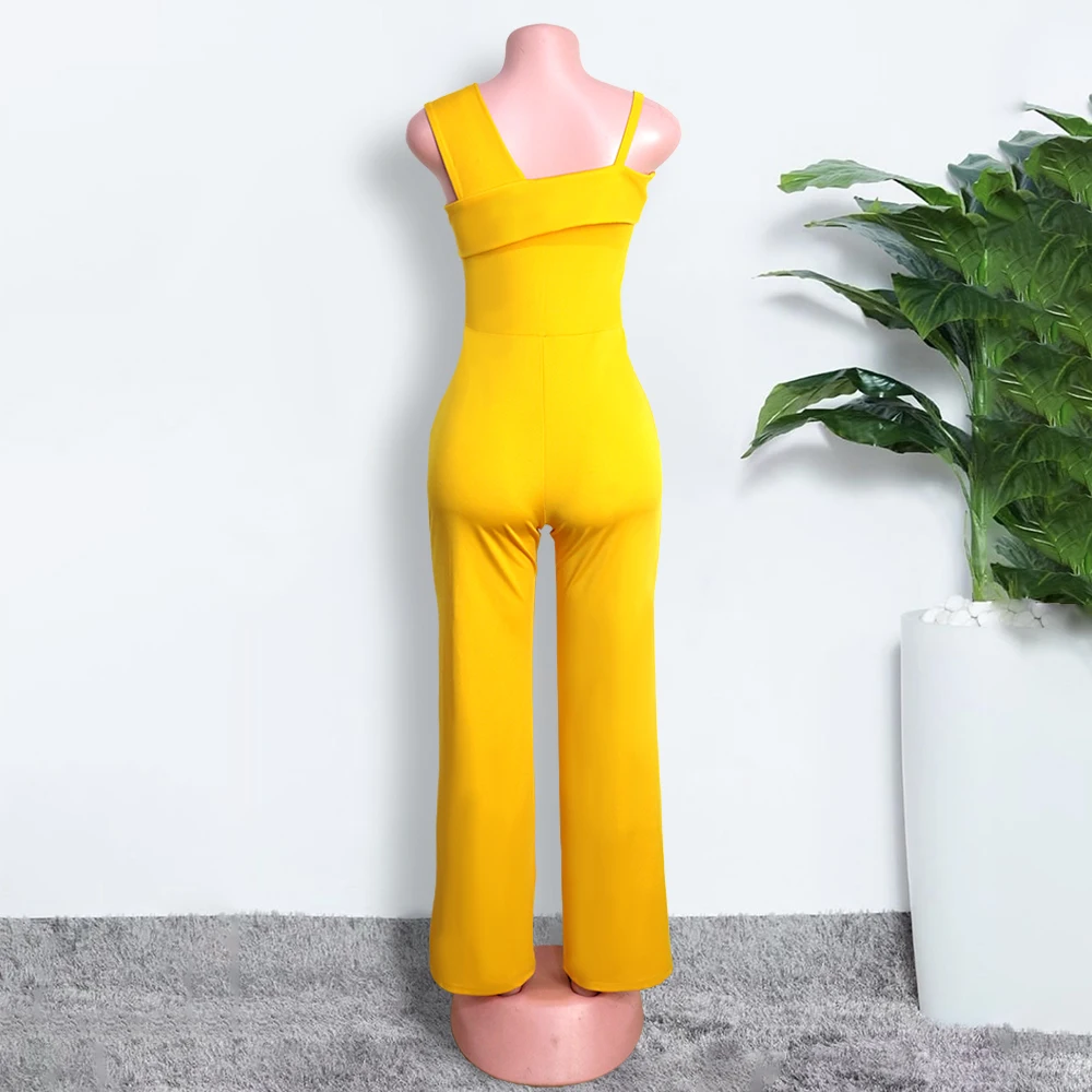 Women One Shoulder Sexy Jumpsuits Irregular Sleeve Elastic High Waist Wide Leg Spring Summer Overall Bodysuit Female Plus Size