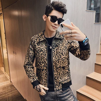 

2019 Spring Autumn Men's Casual Jacket hooded jacket Men Leopard printed Slim Fit Mens Jackets And Coats Zipper Leopard Coats