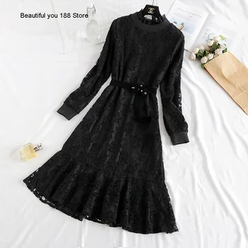

autumn dress women's Elegant lace winter 2020 new mesh ear waist flounced fish tail bottoming skirt