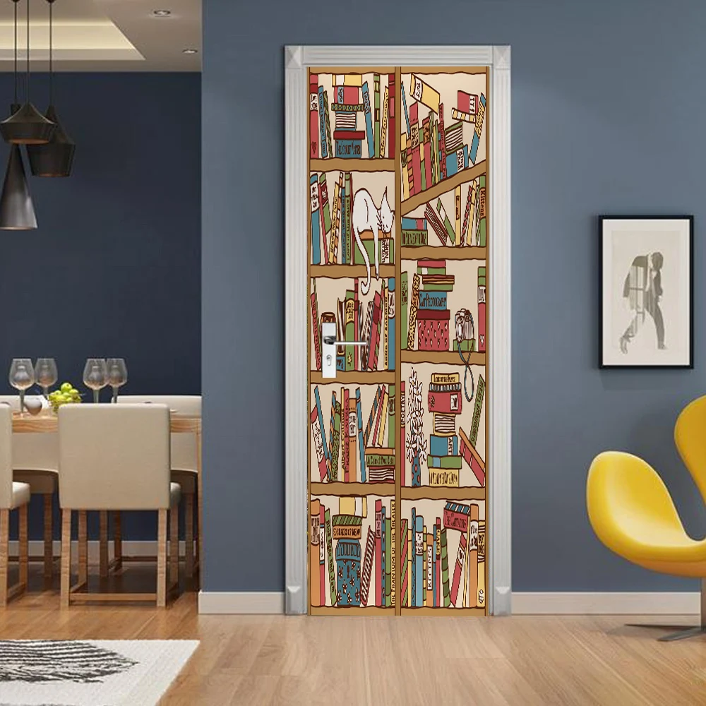 3D creative Animated bookcase door stickers wall self-adhesive waterproof removable | Дом и сад