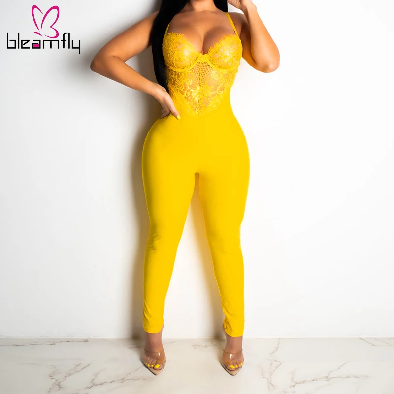 

Yellow Lace Spliced Sexy Jumpsuit Streetwear Summer Overalls One Piece Bodysuit Backless Bodycon Rompers Women Club Jumpsuits