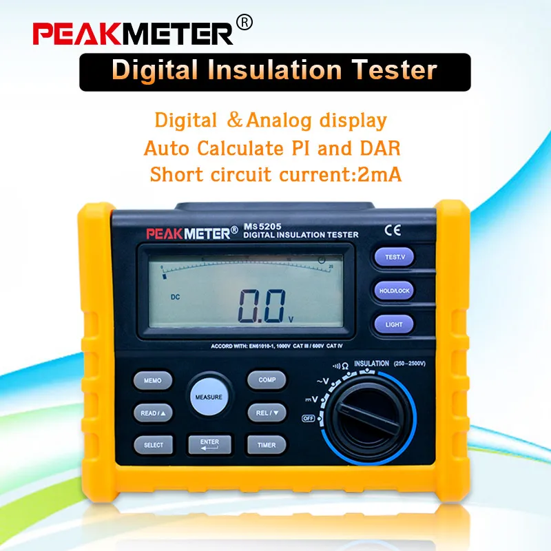 PEAKMETER MS5205 цифровой измеритель сопротивления изоляции 0,01-100G Ом 250v-2500vтестер аналоговый метр