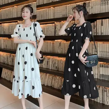 

JVCAKE Black White Polka Dot Tie Back Shirred Bodice Dress Women 2020 Spring Summer Puff Sleeve High Waist Boho Long Dresses