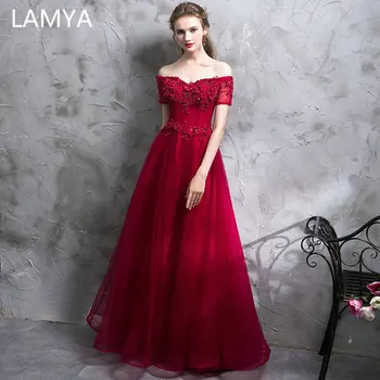 

LAMYA Elegant Short Lace Sleeve Evening Dresses 2020 Plus Size a Line Prom Gown Boat Neck Lace with Beads Vestido De Festa Tulle
