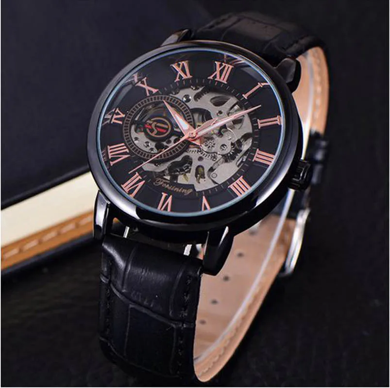 2021 Fashion 3D Logo Engraving Golden leather belt Men Mechanical Watch Forsining Transparent Case Top Brand Luxury Skeleton 