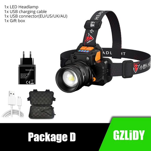 USB Rechargeable LED Headlamp Super Bright T6/L2 Waterproof Headlight with Sensor Switch 3 Modes Fishing Flashlight Zoom Lantern Package D