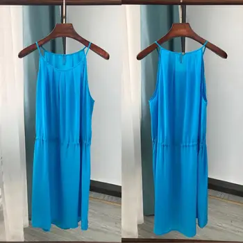 

100% Silk Brand fashion women's high-end luxury summer halter belt pleated silk sleeveless dress