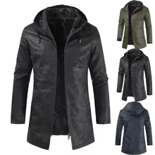 Новые продукты, Мужская камуфляжная кожаная куртка средней длины с капюшоном, кожаная куртка