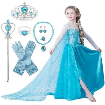 

Elsa Dress For Girls Princess Anna Elsa 2 Costumes Party Cosplay Elza Vestidos Hair Accessory Set Children Girls Clothing 4-10T