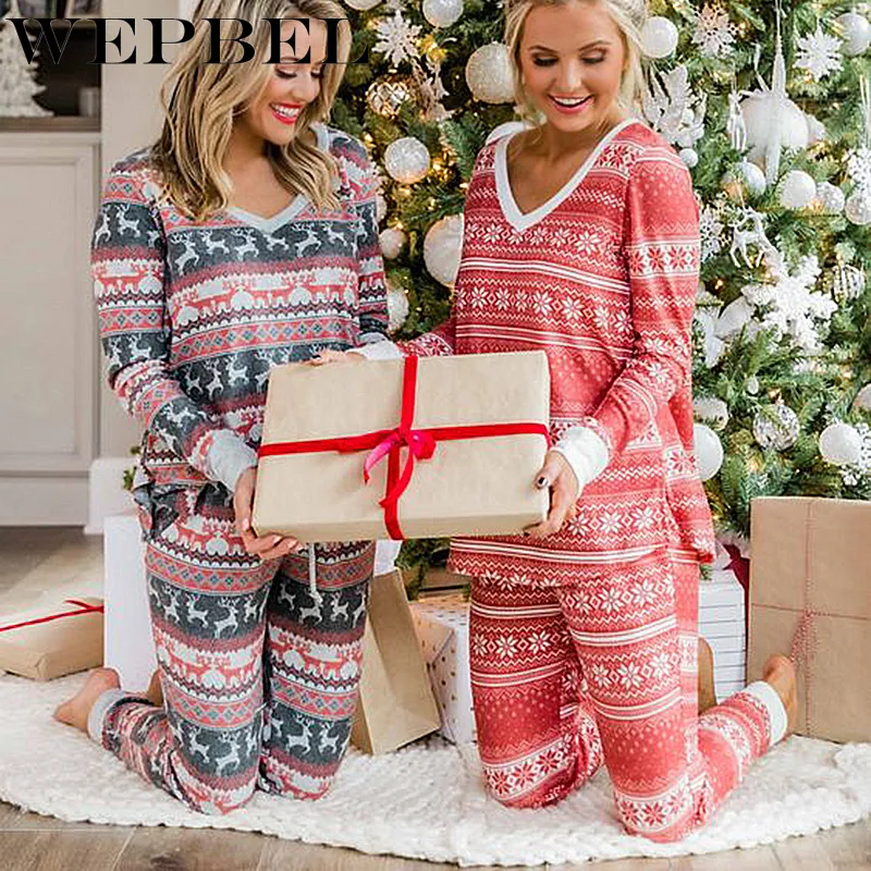 

WEPBEL Winter Casual Christmas Printed Home Suit Women's Long Sleeve V-neck T-shirt + Lace-up Pencil Pants Loose Suit