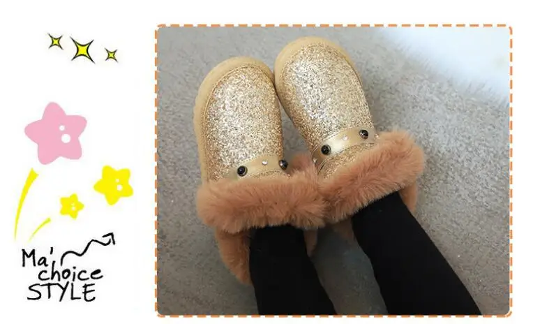 New Winter Children Snow Boots For Baby Girl Boy Fashion Glittering Sequins Kids Warm Cotton Shoes Soft Leather Girls Boots Pink