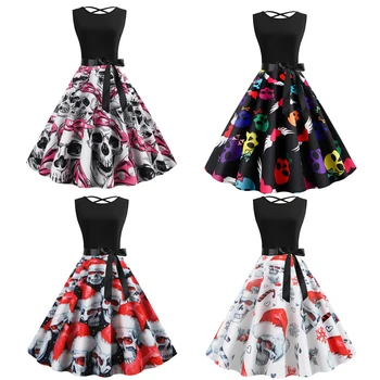 

Women Halloween Skull Printed Dress Carnival Party Day of The Dead Scary Printed Sleeveless Backless Bandage Bow Umbrella Dress