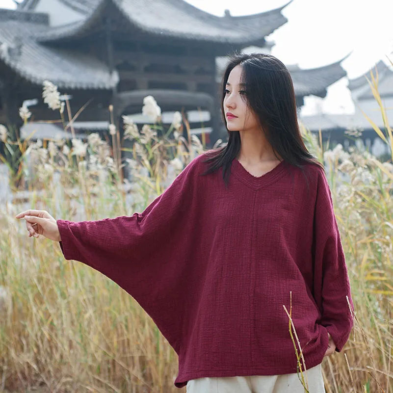 QPFJQD 2021 Spring Autumn Loose Bat Sleeve T-Shirts Retro Women Cotton Linen V-Neck Casual TShirts Plus Size Solid Color | Женская