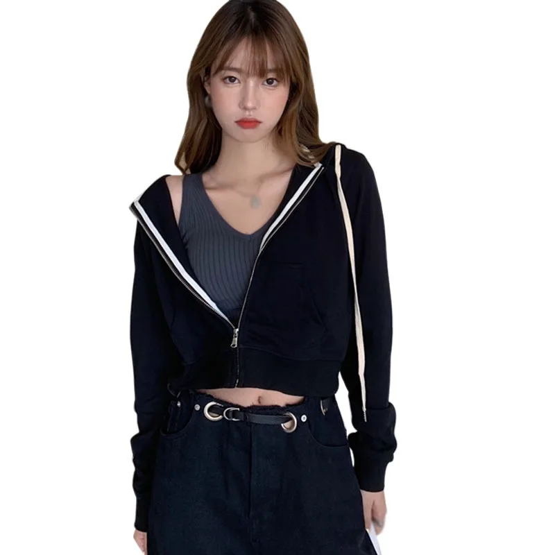 

Women Hoodies Ladies New Korean Style All-match Zipper Short Casual Hooded Jacket Thin Sweater M-XL