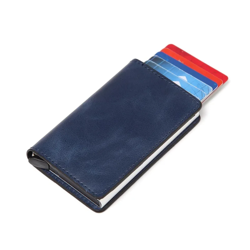 Мужской металлический кошелек RFID двойной алюминиевый кошелек кожаный кредитный держатель для карт автоматический всплывающий Противоугонный кошелек Бизнес ID держатель для карт - Цвет: Синий