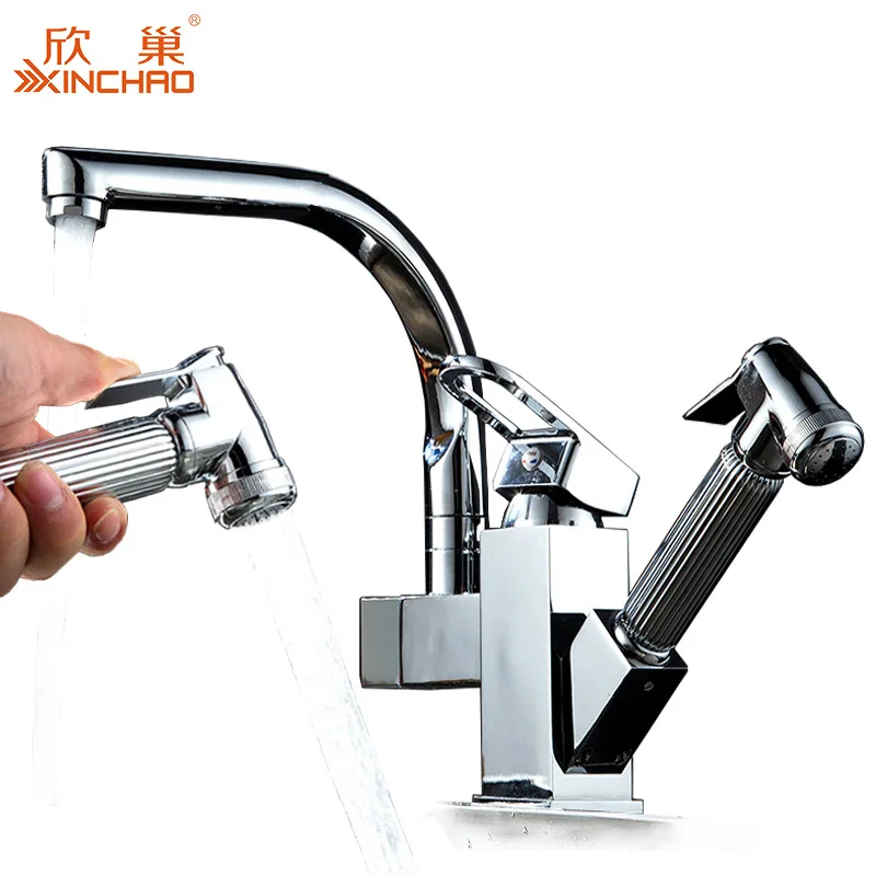 

Xin chao Copper Sink Washing Basin Kitchen Faucet Multi-functional Square Cold Pull-out Anti-spill Tap