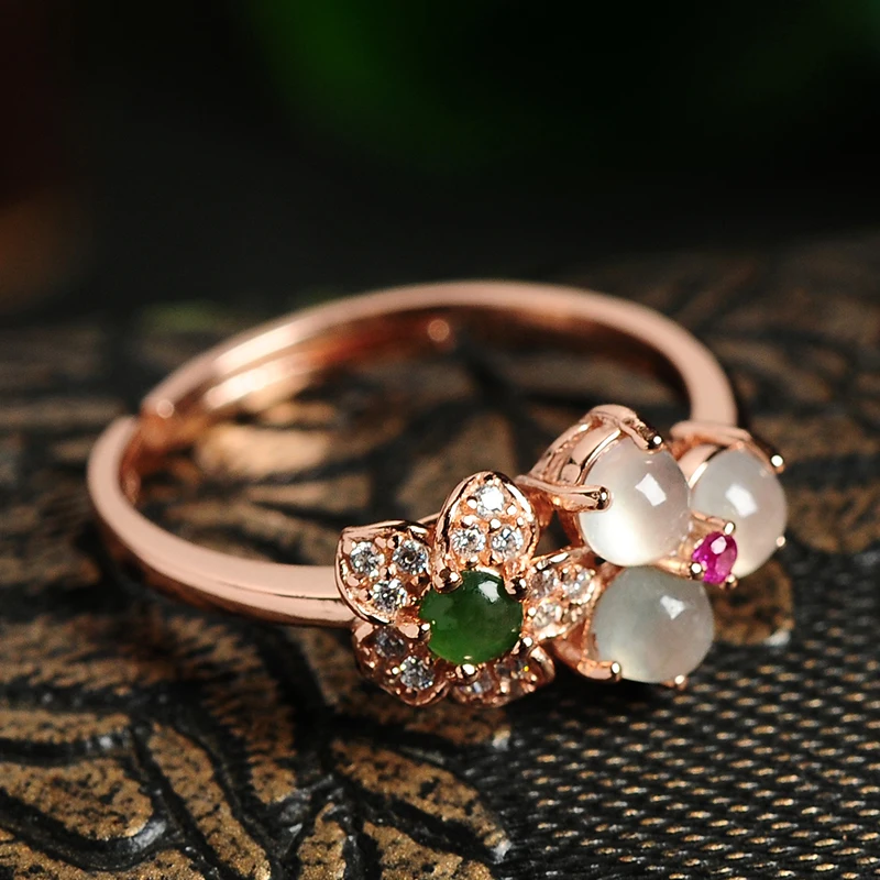 

Clover Flower Heart Emerald Ring 925 Silver Set Natural Ice Cream Spally Green White Egg Face Retractable Ring