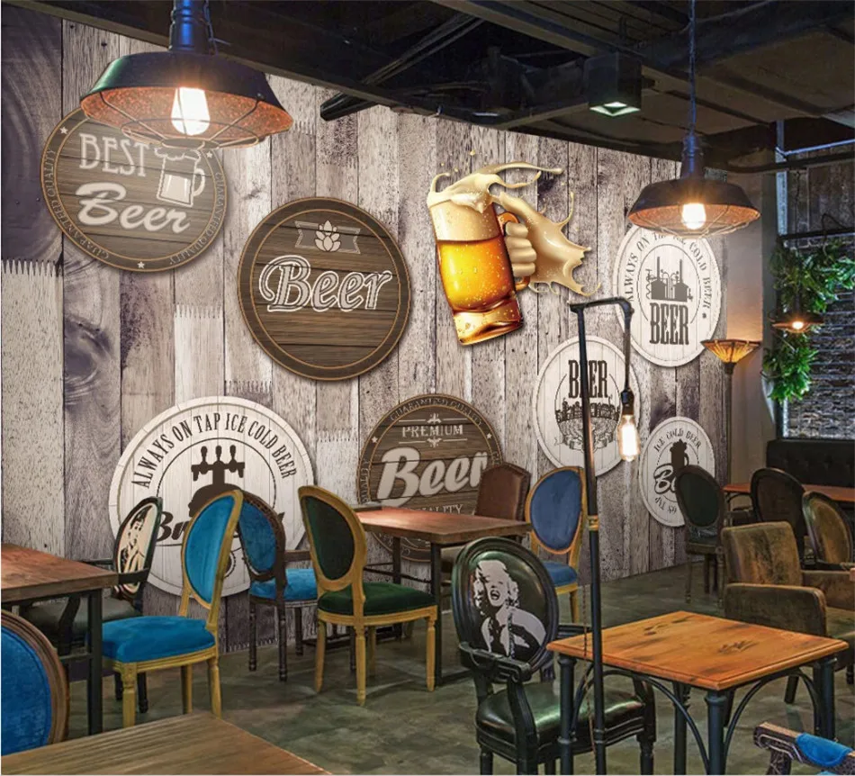 European and American Style Retro Wood Board Background Beer Mural Wallpaper Restaurant Bar KTV Industrial Decor Wall Paper 3D