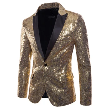

Hot Chic Men Solid Color Lapel Collar Shiny Sequins Button Slim Club Blazer Jacket Shiny Sequins Button Slim Club Blazer Jacket