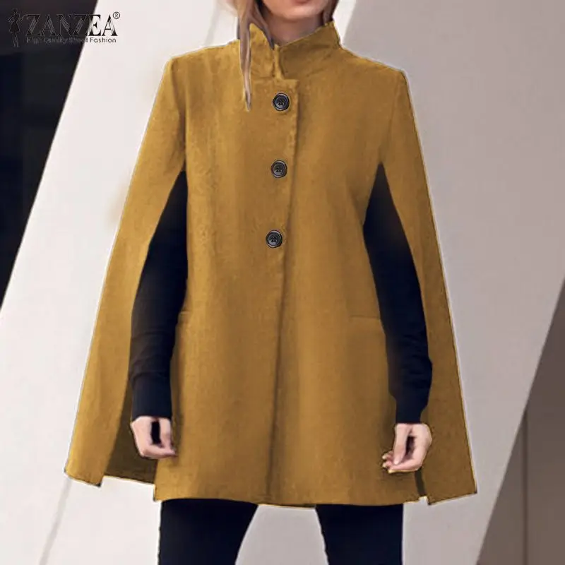 

Spring Solid Cloak Cape ZANZEA Women Open Front Coats Fashion Stand Collar Button Jackets Poncho Cardigan Female Streetwear 7
