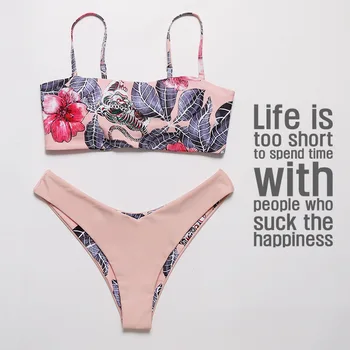 

Sexy Printing Split Tube Top Bikini Floral Print Pink Bikini Swimwear Low Waist Two Piece Swimsuit