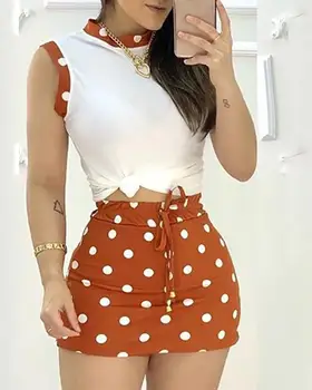 

Women Two Piece Set Polka Dots Sleeveless Casual Tank Top and Bodycon Mini Skirt Set