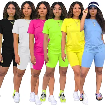 

2020 Causal 2 Piece Suit Solid Short Sleeve Crop Tops T-Shirt Short Pants Tracksuit Matching Set Female Joggers Sportwear S-XXXL