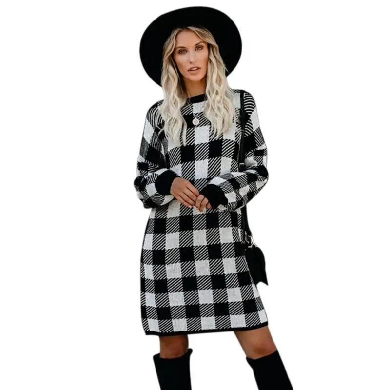 

Spring Plaid Long Sleeve Contrast Color Houndstooth Dresses Women Autumn Winter O-neck Short Cotton Slim Fashion Dress