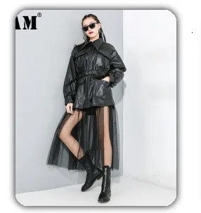 [EAM] Свободная облегающая черная джинсовая длинная куртка, новинка, с отворотом, с длинным рукавом, Женское пальто, модное, Осень-зима, 1H344