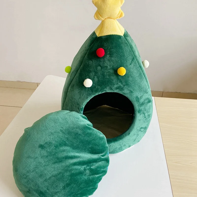 Новогодний мягкий теплый домик для кошки в форме рождественской елки в виде собачки, новогодний теплый домик для питомца, новогодняя теплая спальная кровать