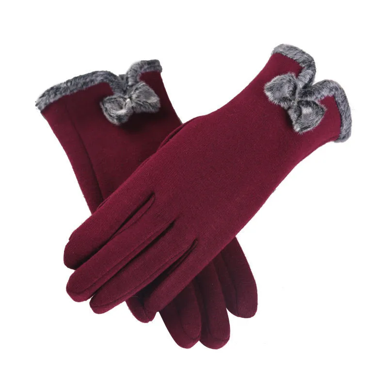 Женские перчатки с бантиком, женские зимние перчатки с теплым экраном, модные толстые наручные перчатки, одноцветные, подарок, мягкие, Элегантные Перчатки - Цвет: Red