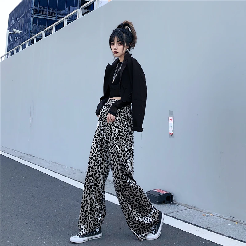 Женские широкие брюки Harajuku свободные с высокой талией и леопардовым принтом