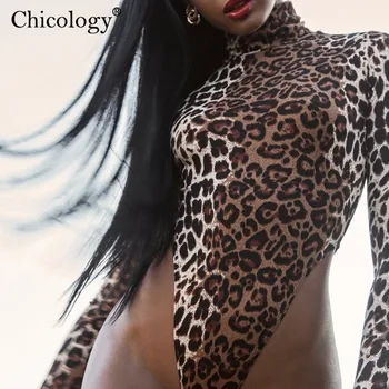 

Chicology leopard print long sleeve tuntle neck bodysuit sexy elegant slim fit body suit 2019 autumn winter streetwear clothes