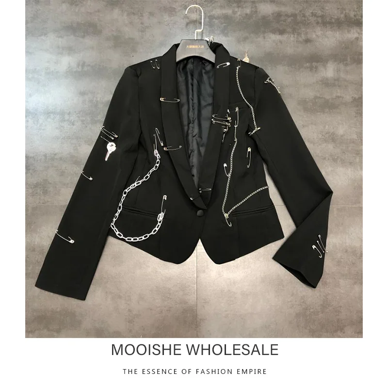 

2019 Autumn New Pin Chain Punk Style Small Suit Short Coat Slim Blazer Jacket