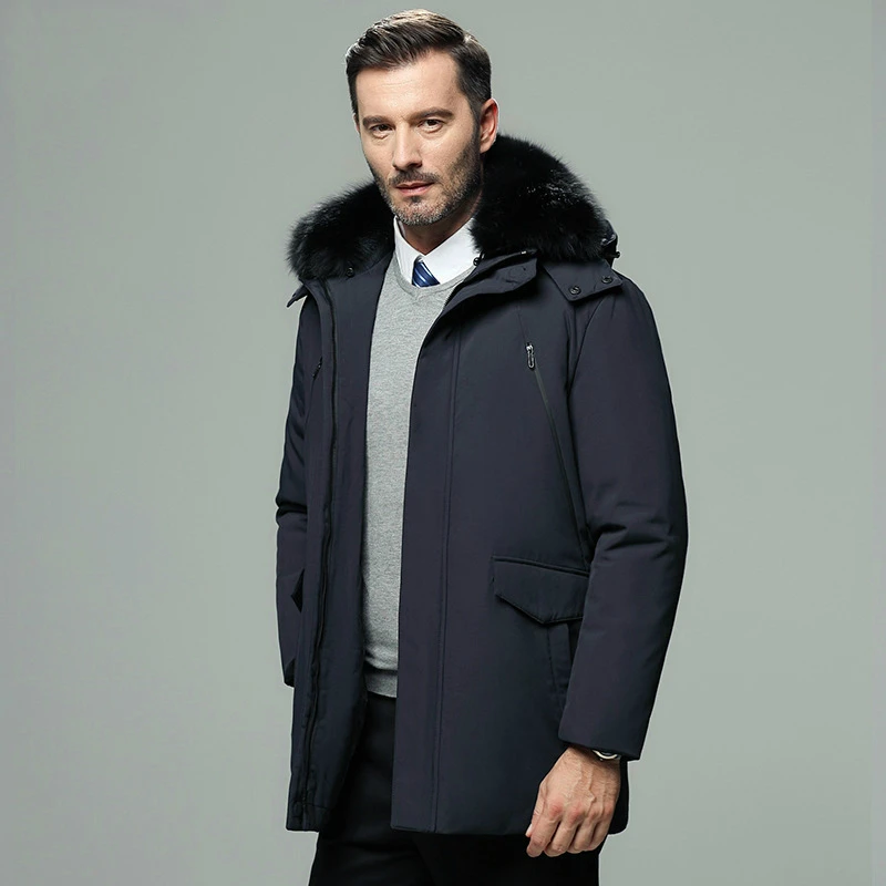 Зимние новые пуховые пальто для мужчин среднего возраста, повседневные теплые пуховые пальто с капюшоном, роскошные высококачественные толстые пуховые куртки с меховым воротником для мужчин да