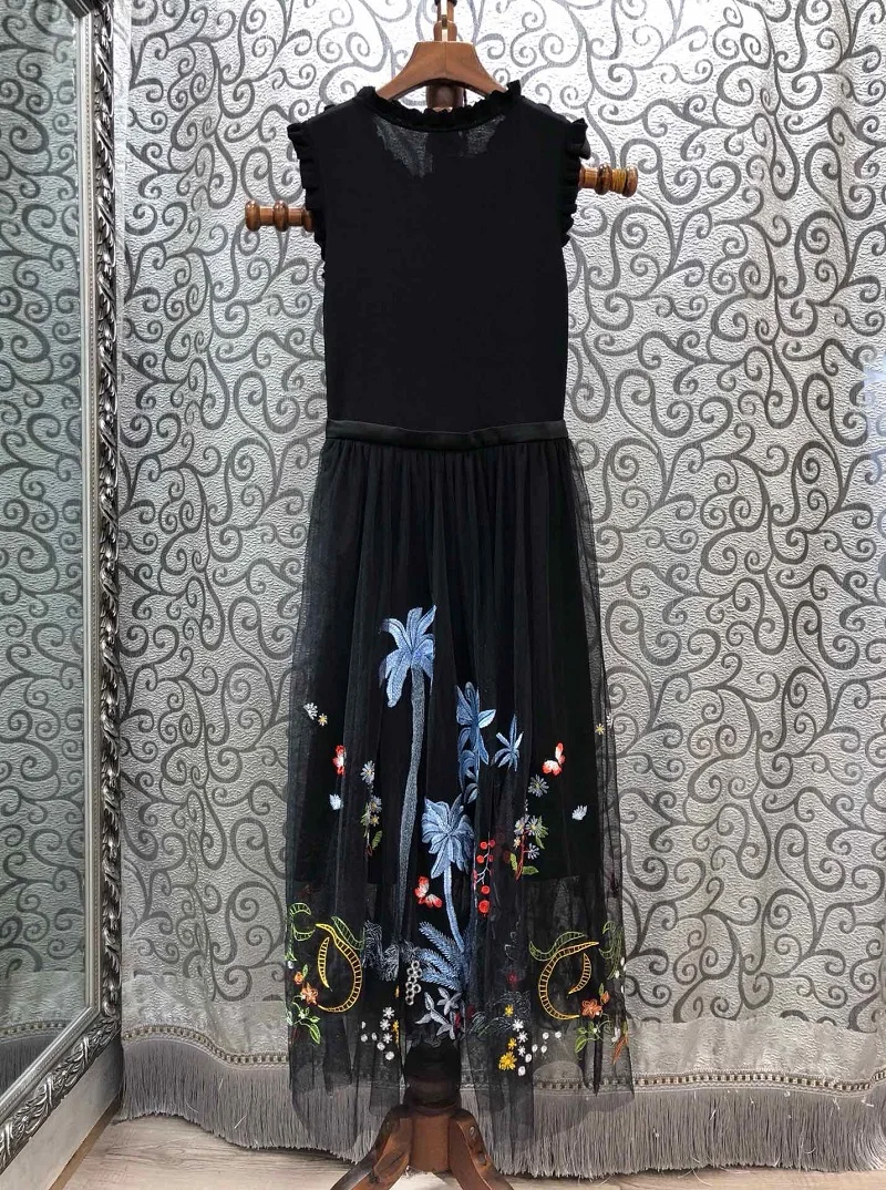 Высокое качество Новинка осень зима длинный вечерний Vestido Женский вышитый тюль вязаный пэчворк без рукавов Длинное Макси платье