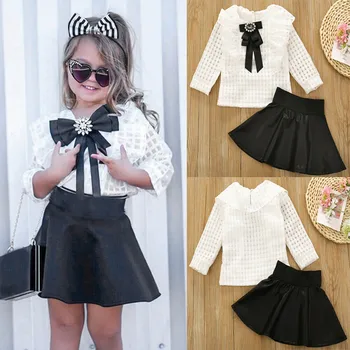 

ARLONEET Toddler Kids Baby Girl Clothes Long Sleeve Lattice Bowknot T-shirt Tops Solid Mini Skirt Outfits Sets 18M-6 Years