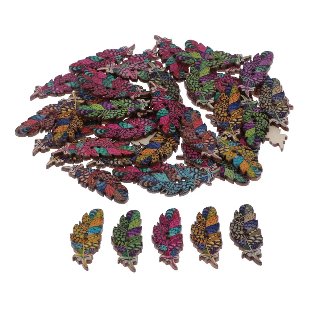 

100PCS Assorted Feather Shaped Wood Wooden Buttons Muti for Crafts Supplies Sewing 2 Holes Rainbow Handmade Button